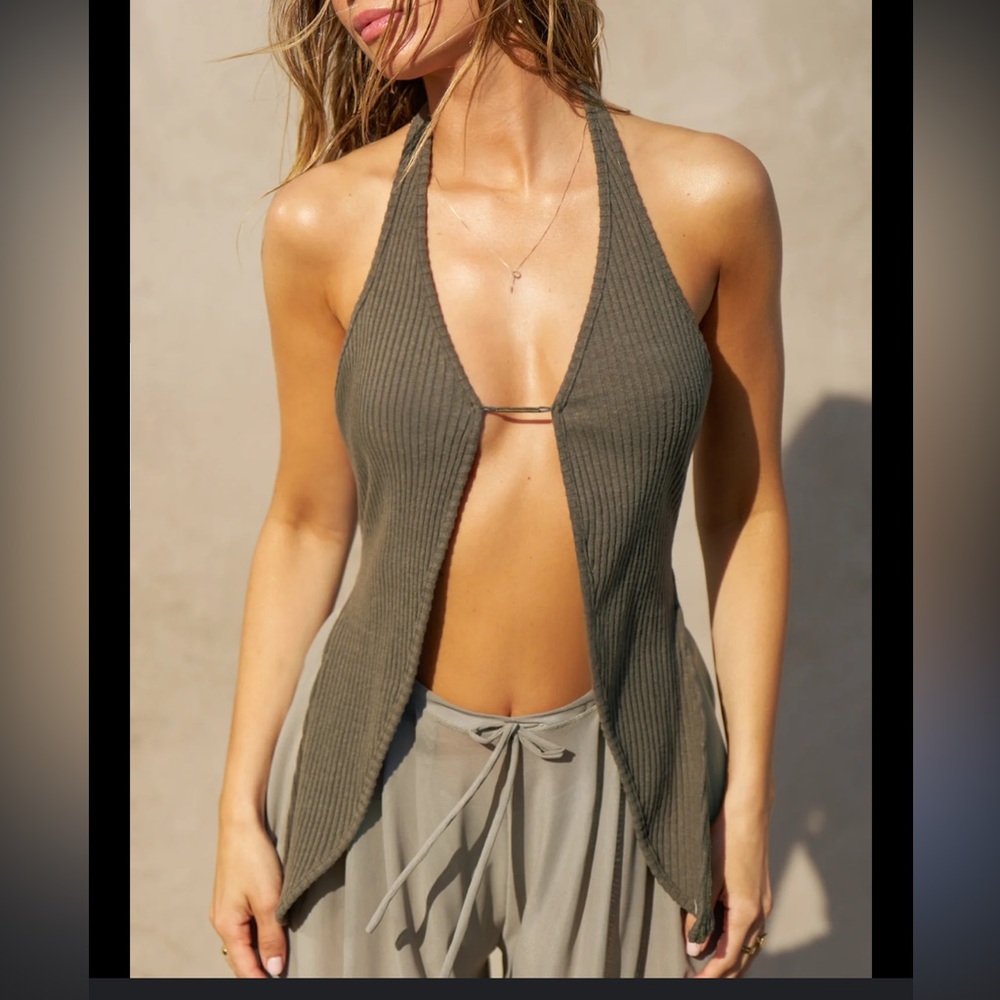 Joah Brown Olive Ribbed Halter Knit Top